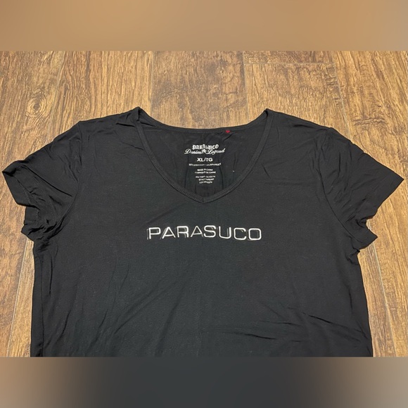 Parasuco black logo T shirt silky smooth viscose & spandex XL - Picture 2 of 5